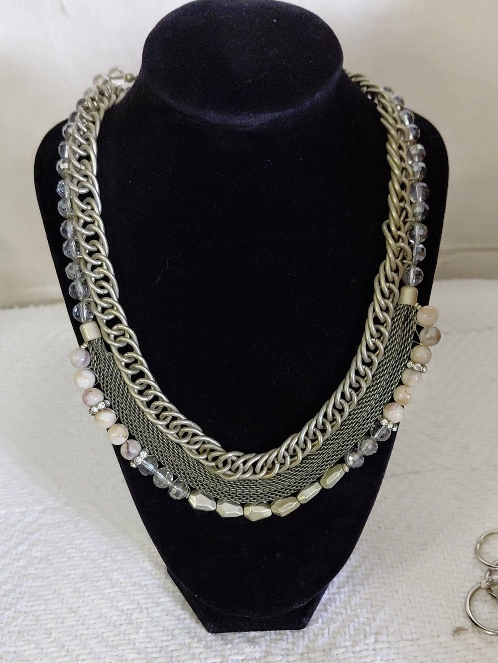 LOFT Silver-Tone Multi Strand Necklace with Beige and Clear Beads